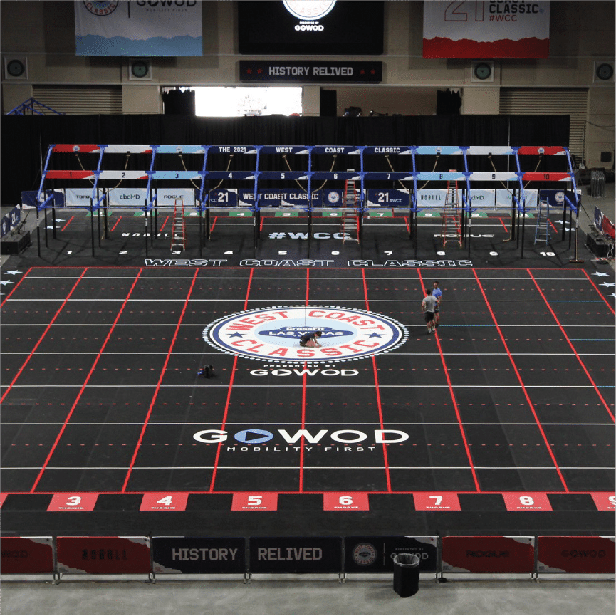 Rig signs for CrossFit event station identification.