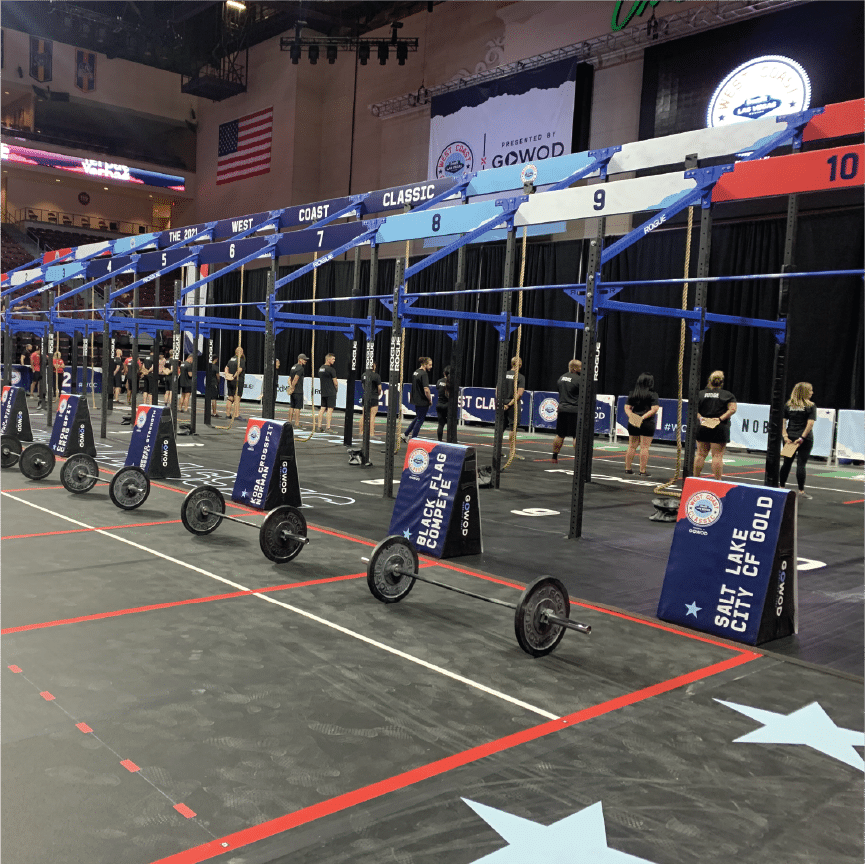 Identifiable signs for CrossFit event exercises.