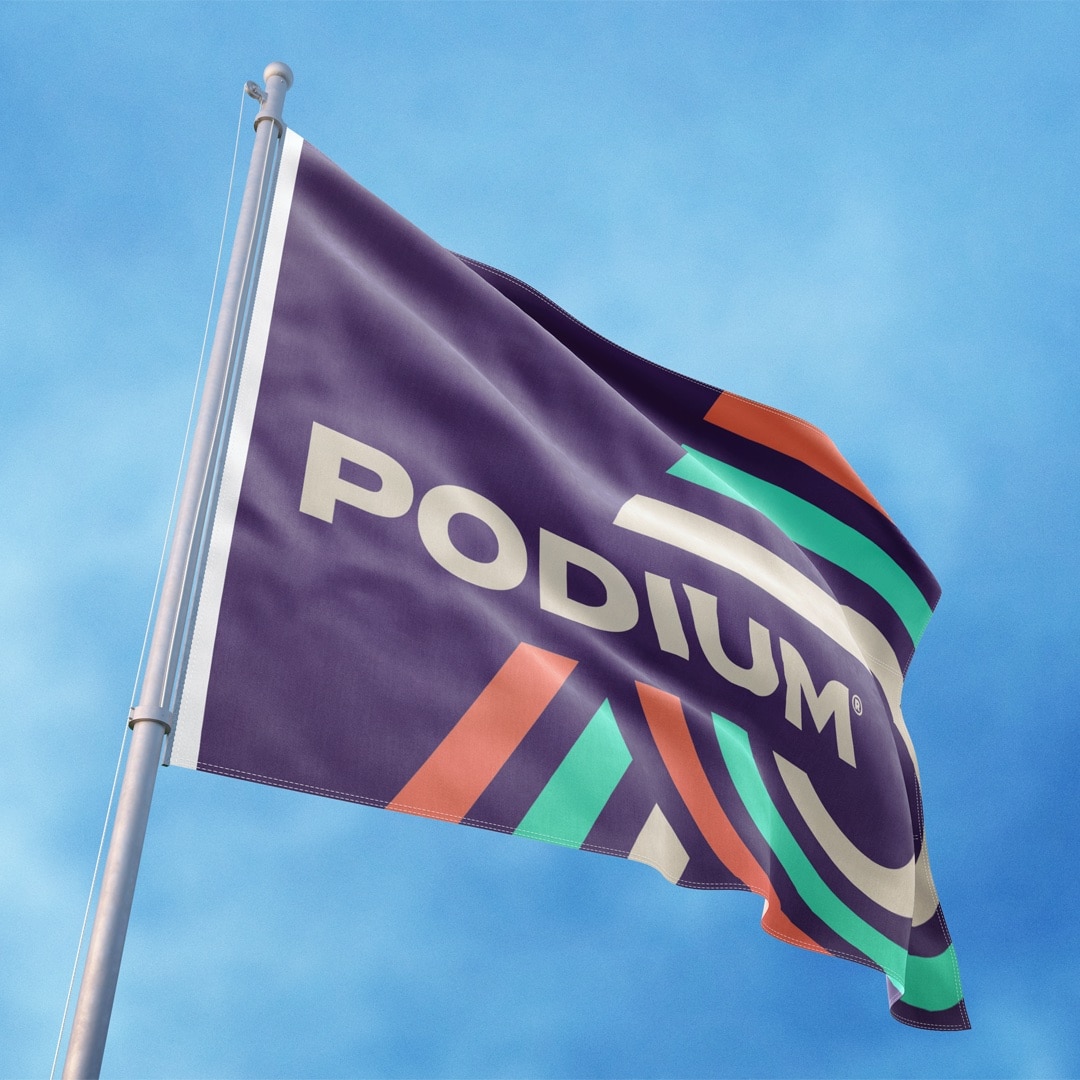 Custom pole flag featuring vibrant logo and artwork printed with eco-safe inks