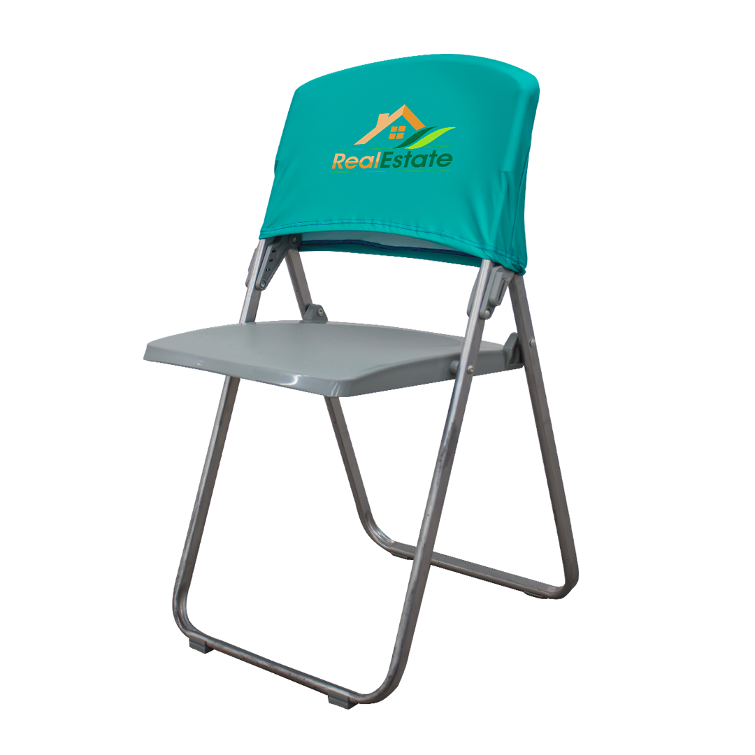 Custom printed chair cover with logo displayed on event chair